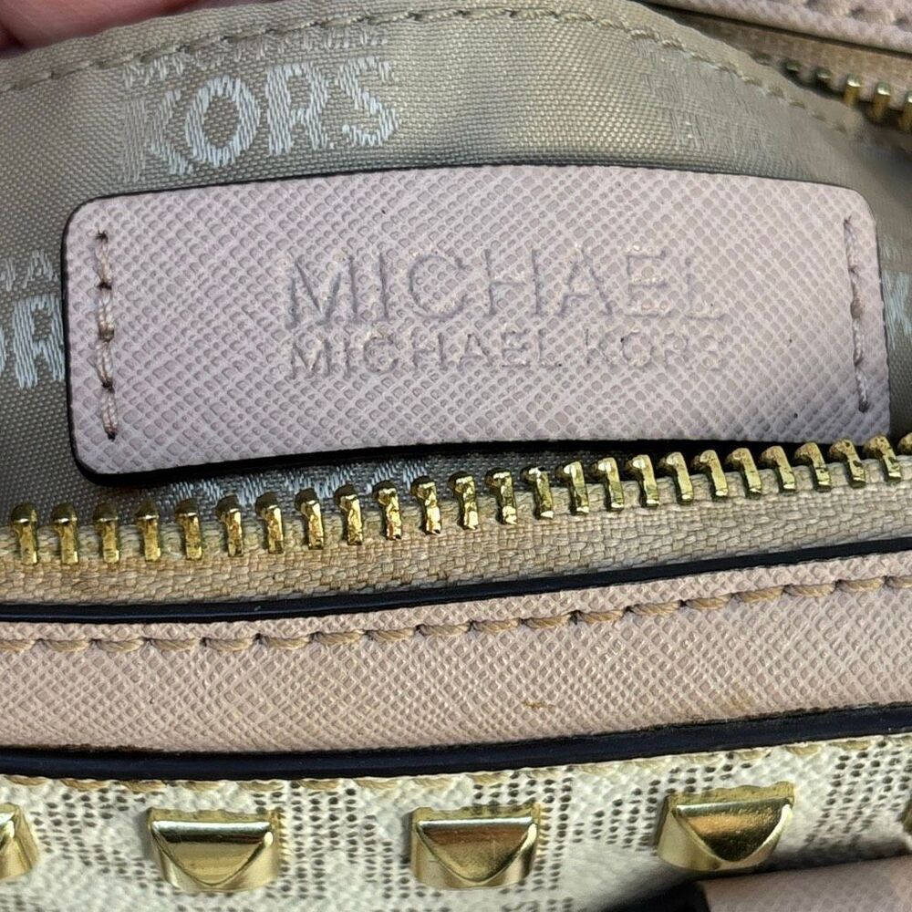 Michael Kors MK Sandrine Studded satchel purse bag pink logo gold xbody leather - Picture 9 of 11